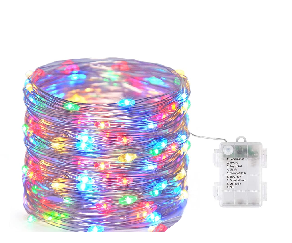 Extension Navideña LED p/Exterior con Bateria, 0.3W, 4 colores, 100LED/10Metros, 8 funciones, con Cable color cobre, IP65