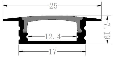 Perfil de Aluminio p/Cinta LED con PCB de 5-12mm, PC-E1706, Medidas: 17x7.19x2500mm, p/Empotrar, incluye: difusor opal con nivel de transparencia de un 65%, 2 tapas terminales y 4 clips, Plateado