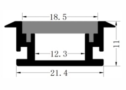 [P-00303] Perfil de Aluminio p/Cinta LED con PCB de 12mm, DG-E2111, Medidas: 21.4x11x2000mm, p/Empotrar, incluye: difusor opal con nivel de transparencia de un 65%, 2 tapas terminales, Plateado