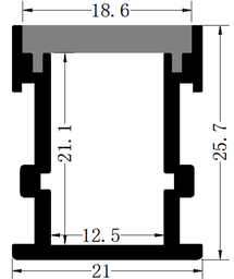 [P-00304] Perfil de Aluminio p/Cinta LED con PCB de 12mm, DG-E2126, Medidas: 21x25.7x2000mm, p/Empotrar, incluye: difusor opal con nivel de transparencia de un 65%, 2 tapas terminales, Plateado