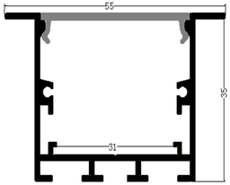 [P-00312] Perfil de Aluminio p/Cinta LED con PCB de 31mm, DG-E4035, Medidas: 40x35x2400mm, p/Empotrar, incluye: difusor opal con nivel de transparencia de un 65%, 2 tapas terminales, 4 tornillos y 4 Clips, Plateado