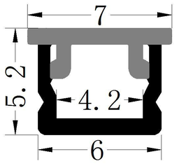 [P-00314] Perfil de Aluminio p/Cinta LED con PCB de 4mm, DG-E0606, Medidas: 06x5.2x2000mm, p/Empotrar, incluye: difusor opal con nivel de transparencia de un 65%, 2 tapas terminales y 4 clips, Plateado