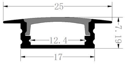 [P-00316] Perfil de Aluminio p/Cinta LED con PCB de 5-12mm, DG-E1706, Medidas: 17x7.19x2500mm, p/Empotrar, incluye: difusor opal con nivel de transparencia de un 65%, 2 tapas terminales y 4 clips, Plateado