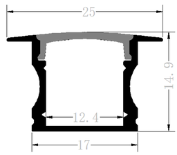 [P-00317] Perfil de Aluminio p/Cinta LED con PCB de 5-12mm, DG-E1714, Medidas: 17x14.9x2500mm, p/Empotrar, incluye: difusor opal con nivel de transparencia de un 65%, 2 tapas terminales y 4 clips, Plateado