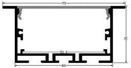 [P-00318] Perfil de Aluminio p/Cinta LED con PCB de 50mm, DG-E6035, Medidas: 60x35x2400mm, p/Empotrar, incluye: difusor opal con nivel de transparencia de un 65%, 2 tapas terminales, 4 clips y 4 tornillos, Plateado