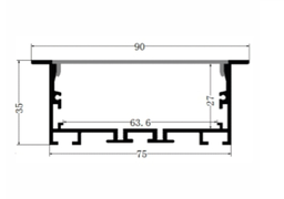 [P-00320] Perfil de Aluminio p/Cinta LED con PCB de 63mm, DG-E7535, Medidas: 75x35x2400mm, p/Empotrar, incluye: difusor opal con nivel de transparencia de un 65%, 2 tapas terminales, 4 clips y 4 tornillos, Plateado