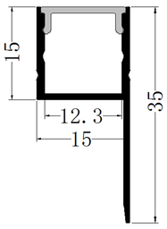 [P-00321] Perfil de Aluminio p/Cinta LED con PCB de 8-10mm, DG-E1515, Medidas: 15x15x2500mm, p/Empotrar, incluye: difusor opal con nivel de transparencia de un 65%, 2 tapas terminales, Plateado