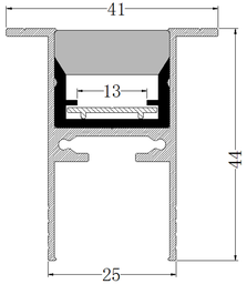 [P-00322] Perfil de Aluminio p/Cinta LED con PCB de 8-10mm, DG-E2544, Medidas: 25x44x2500mm, p/Empotrar, incluye: Tubo acrilico, hoja de aluminio y 2 tapas terminales, Plateado