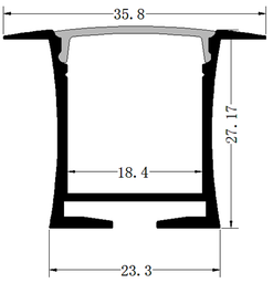 [P-00323] Perfil de Aluminio p/Cinta LED con PCB de 8-15mm, DG-E2328, Medidas: 23.3x27.17x2500mm, p/Empotrar, incluye: difusor opal con nivel de transparencia de un 65%, 2 tapas terminales y 4 clips, Plateado