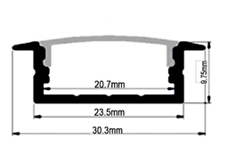 [P-00327] Perfil de Aluminio p/Cinta LED con PCB de 8-20mm, DG-E2310, Medidas: 23.5x9.75x2500mm, p/Empotrar, incluye: difusor opal con nivel de transparencia de un 65%, 2 tapas terminales y 4 clips, Plateado