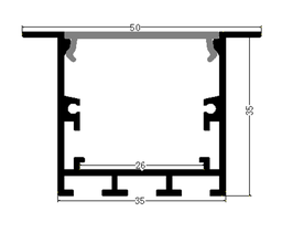 [P-00328] Perfil de Aluminio p/Cinta LED con PCB de 8-20mm, DG-E3535, Medidas: 35x35x2500mm, p/Empotrar, incluye: difusor opal con nivel de transparencia de un 65%, 2 tapas terminales y 4 clips, Plateado