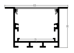 [P-00329] Perfil de Aluminio p/Cinta LED con PCB de 8-30mm, DG-E4035, Medidas: 40x35x2500mm, p/Empotrar, incluye: difusor opal con nivel de transparencia de un 65%, 2 tapas terminales y 4 clips, Plateado