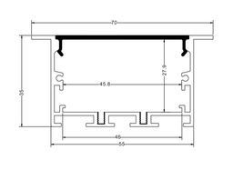 [P-00330] Perfil de Aluminio p/Cinta LED con PCB de 8-40mm, DG-E5535, Medidas: 55x35x2500mm, p/Empotrar, incluye: difusor opal con nivel de transparencia de un 65%, 2 tapas terminales, 4 tornillos y 4 Clips, Plateado