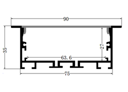 [P-00331] Perfil de Aluminio p/Cinta LED con PCB de 8-60mm, DG-E7535, Medidas: 75x35x2500mm, p/Empotrar, incluye: difusor opal con nivel de transparencia de un 65%, 2 tapas terminales, 4 clips y 4 tornillos, Plateado
