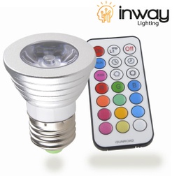 [P-00367] Bombilla LED Dicroica COB, 3W, RGB, E27, 100-260Vac, IP20, 30 Grados, Dimensiones: Ф50x60mm, con Control